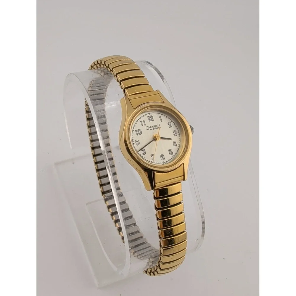 Vintage Caravelle Bulova Women's Watch 19mm Case Gold Stretch Band- New Battery